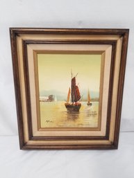 Vintage Framed Oil Panting On Canvas Ship At Sea - Signed Hill