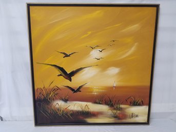 Framed Vintage MCM Seascape Painting Birds Artwork - Signed By Artist A. Wilson