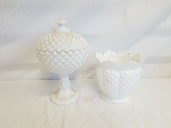 Fenton White Milk Glass Sawtooth Covered Compote Candy Dish & Hobnail Planter
