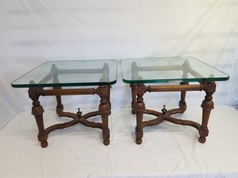 Pair Of Vintage Mid-century Wood End Tables With Thick Glass Tops