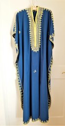 Women's Handmade Moroccan Royal Blue/yellow  Embroidered Caftan OS