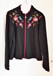 Women's Coldwater Creek Black Wool Full Zip Flower Embroidered Jacket  Size XL