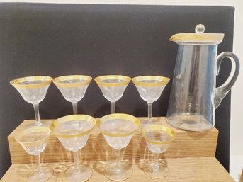 Antique Tiffin Gold Gilt Lidded Pitcher And Wine Stemware Glasses