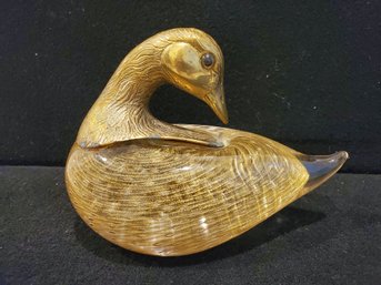 Vintage MCM Venetian Murano (?) Heavy Art Glass Duck With Gilt Brass Head