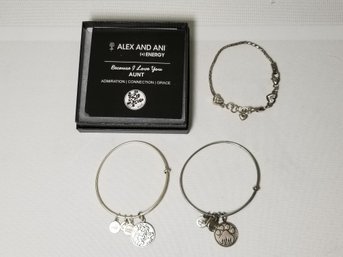 Two Alex & Ani Charm Bracelets & One Silver Tone Heart Bracelet