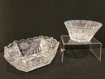 Two Vintage Cut Crystal Bowls - Bohemian Queen Anne's Lace Pattern & Cut Crystal Oblong Floral Saw Tooth