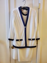 Vintage Ladies Caron Chicago White & Navy Blue Sleeveless Dress & Matching Jacket - Size 16 -nautical Buttons