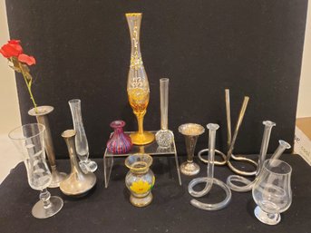 Nice Selection Of Bud Flower Vases - Bohemian, Blown Glass, Crystal, Silver Plate & Pewter