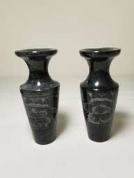 Pair Of Small Vintage Black & White Marble Etched Flower Bud Vases