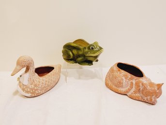 Three Cute Pottery & Terracotta Figural Planters - Frog, Cat & Duck