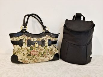 Women's Stylish Brocade/faux Leather Trim Satchel And Black Baggallini Nylon/canvas Backpack
