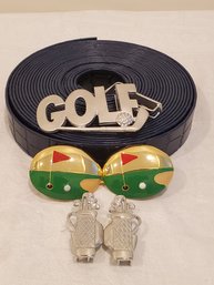 Three Vintage New Old Stock Dotty Smith Golf Themed Fashion Belt Buckles & Faux Leather Belt Material