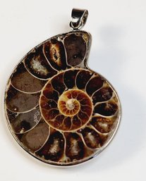 Silver Tone Fossilized Ammonite Spiral  Pendant Necklace