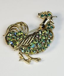 Vintage Silver Tone Green Stone Studded Rooster Pin/ Brooch