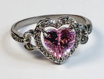 Vintage Sterling Silver Pink Stone Heart Ring