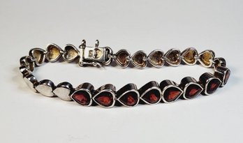 Vintage Sterling Silver Red Stone Heart Link Bangle Tennis  Bracelet