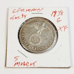 SILVER....1938-G 5 Mark  WW11 HINDENBURG  Third Reich  Nazi Germany Coin