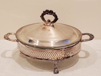 Vintage Three Piece Silver Plate Lidded Casserole Stand With Lid & Oven Microwave Safe Glass Dish