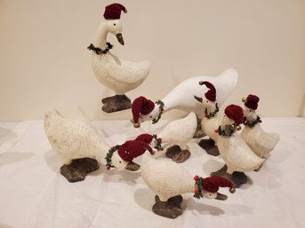 Assortment Of Vintage Ceramic & Resin Holiday Christmas White Geese Wearing Hats & Wreaths