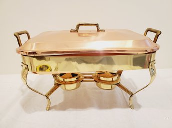 Vintage Stainless, Copper Plated & Brass Chafing Warming Dish With Stand