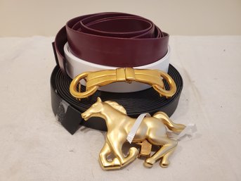 Accessocraft USA 1990s New Old Stock Gold Tone Equestrian Horse Themed Belt Buckles & Belt Faux Leather