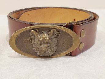 1975 Vintage Adezy Antiqued Brass Belt Buckle On Brown Leather Belt- 3D Yorkshire Terrier Dog