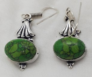 Beautiful Pair Of Silver Plated Earrings With Green Turquoise