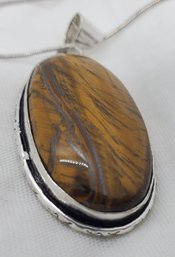 18' Silver Plated Chain With A Stunning Tiger Eye Pendant ~ 1 1/2' X 3/4'