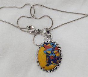 18' Silver Plated Chain With A Mosaic Jasper Pendant ~ 1' X 3/4'