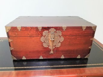 Antique Chinese Brass Inlay Mahogany Wood Storage Blanket Dowry Chest Trunk