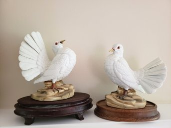 Two Ethan Allen Porcelain Birds Figurines On Wooden Stands