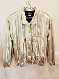 Vintage Disco 80's Silver Metallic Lined Bomber Jacket By Monaliza Size L/XL