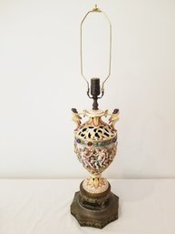 Beautiful Vintage Capodimonte Pierced Hand Painted Porcelain, Bejeweled & Brass Table Lamp