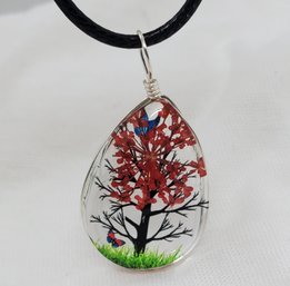 Beautiful Glass Encased Pendant With A Tree & Butterflies 1' W/ 18' Rope Necklace