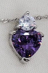 Lovely 18' Silver Plated Necklace With A Beautiful Lab Created Amethyst & CZ Heart