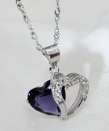 18' Silver Plated Necklace W/ Beautiful Double Heart Lab Created Amethyst Pendant