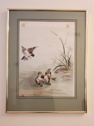 Vintage Artist Signed Chinese Watercolor Entitled A Triad Of Birds By Rosalind Tobin