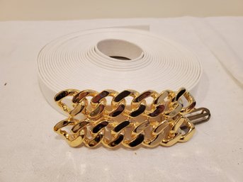 Vintage NOS 1990s Accessocraft Gold Tone Chain Link Belt Buckle & White Faux Leather Belting Material