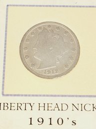 1912 V Nickel '1910s Liberty Head  Nicke' With History/info Folder