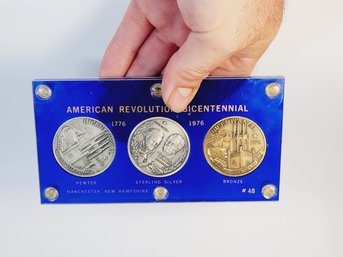 Bicentennial Pewter, Sterling And Bronze Medals In Display Case