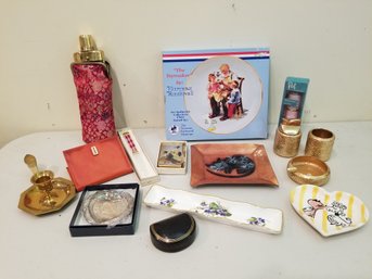 Vintage Pot Luck Assortment - Norman Rockwell Plate, Evans Lighter/Ashtray Set, Flask & More