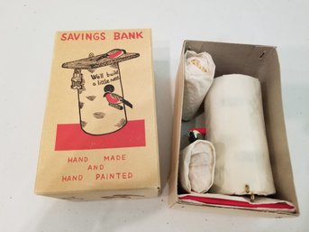 Vintage New Old Stock 1950s Savings Bank Hand Made , Painted Hand - In Original Box