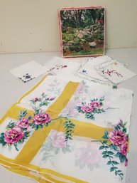 Vintage Floral Handkerchiefs Embroidered Made In Switzerland And Japan Silk Scarf Floral Yellow