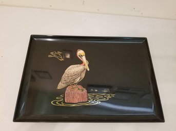 Vintage Black Inlaid Pelican Bird Tray. Made By Couroc Of Monterey CA