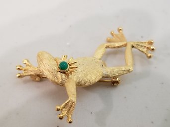 Vintage Signed Robert Mandle Gold Tone Frog Brooch Pin With Green Bead