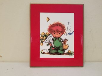 Vintage Cute Red Haired Boy Fishing By Artist Charlot Byj Lithograph Print