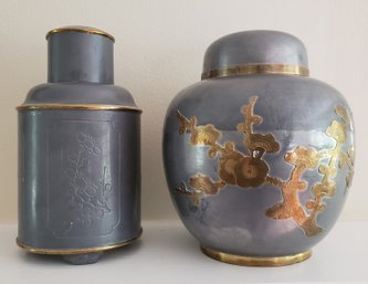 Two Floral Asian Pewter And Brass Ginger Jar And Tea Caddy With Lids