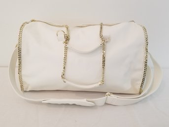 White Leather Overnight Weekender Bag With Gold Chain Embellishments