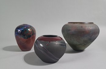 Raku Vase Set Of 3, Hand Signed