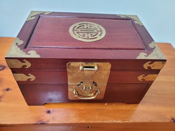 Good Sized Handsome Myitian Mahogany & Brass Chinese Jewelry Box Solid Wood With Extras